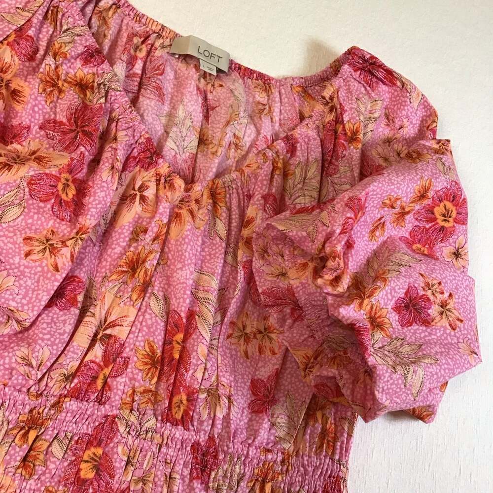LOFT Lily Gathered Waist Floral Puff Sleeve Blouse large boho Flirty - Picture 11 of 12